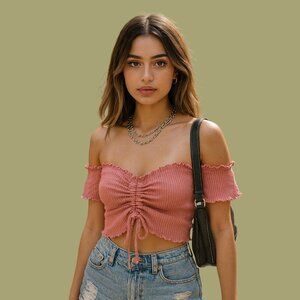 Kanji Pink Off-Shoulder Ruched Crop Top – Size S